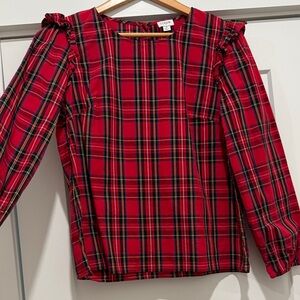J. Crew Red Tartan Plaid Ruffle-Shoulder Blouse